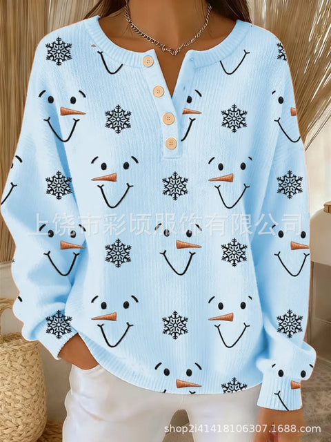 New Christmas sweater casual print cute button-up women's top FF303407