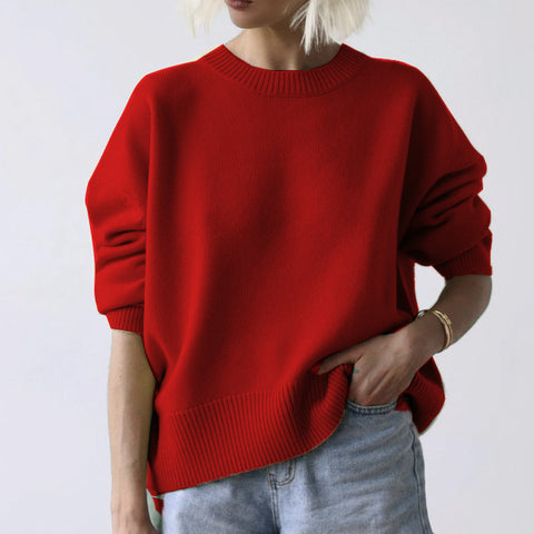 Damen Strickpullover Rundhalsausschnitt einfarbig lockerer Pullover m300667 