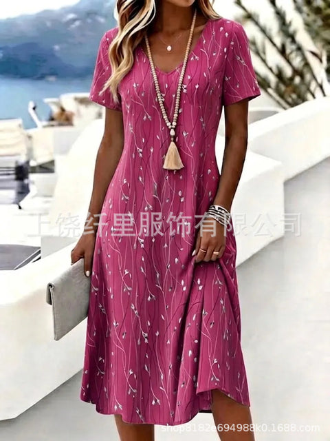 Printed women's v-neck short-sleeved temperament fashion dress m303046
