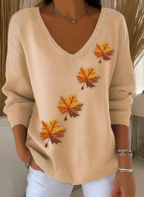 Shoulder V-neck long-sleeved autumn leaf 3D digital printing women's top FF303401