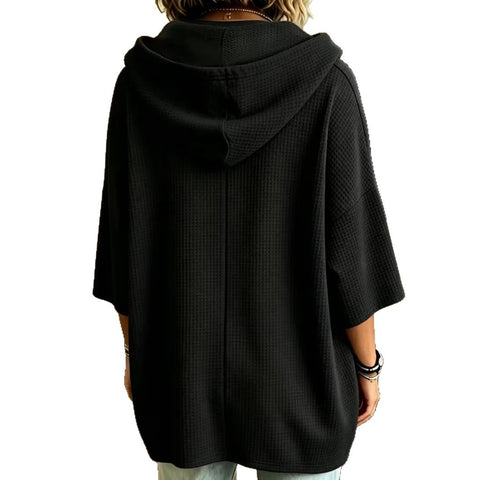 Knitted hooded drawstring sweater waffle with loose m303063