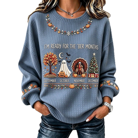 Halloween Waffle Print Crew Neck Long Sleeve Casual Pullover Sweater FF303495