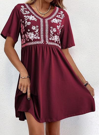 Casual loose V-neck print waist short-sleeved women's dress m302347