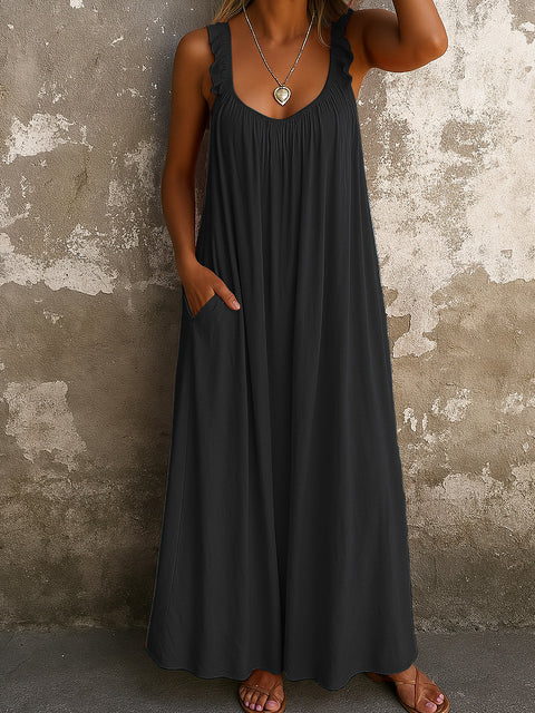 Lässiges, plissiertes, mehrfarbiges Damenkleid mit Hosenträgern und U-Ausschnitt, m301443 