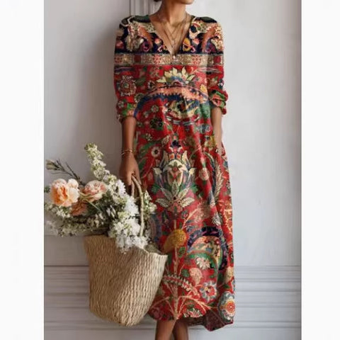 Women's loose V-neck fashion high-end long-sleeved printed collar dress m302766