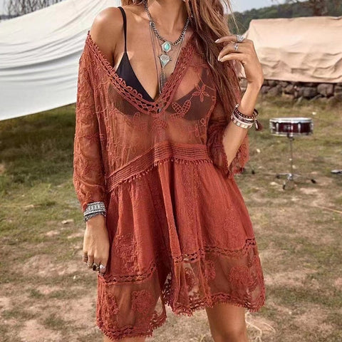 Strandbluse mit Spitzenausschnitt, Sonnenschutz, sexy Bikini-Badeanzug mit m301497 
