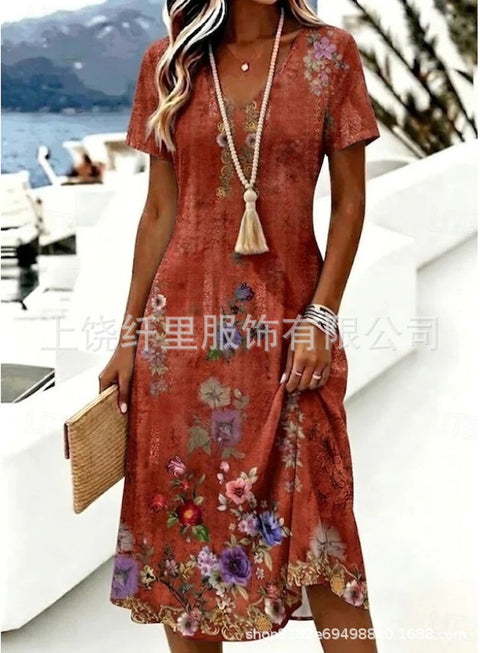 Printed women's v-neck short-sleeved temperament fashion dress m303046