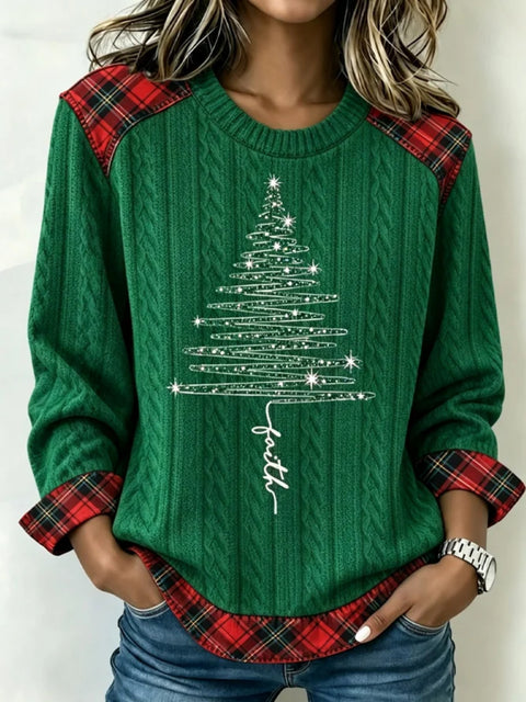 Christmas tree plaid print crew neck long-sleeved casual pullover sweater FF303471