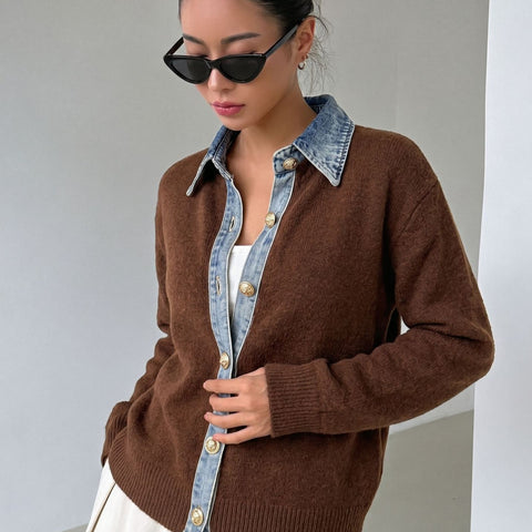 Fake two-piece lapel knitted cardigan autumn and winter loose women's long-sleeved top FF303348