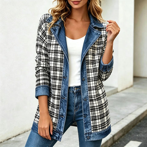 Plaid splicing denim jacket autumn new lapel seven-quarter sleeve jacket women's FF303355