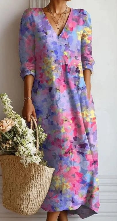 Women's loose V-neck fashion high-end long-sleeved printed collar dress m302766