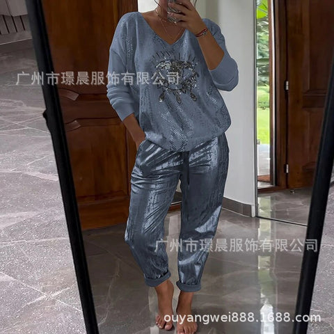 Women's Long Sleeve Printed Top Pants Set of Two M302301