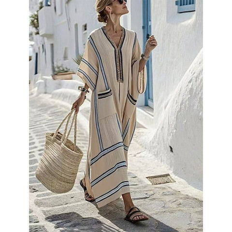 Holiday long striped embroidered dress m302762