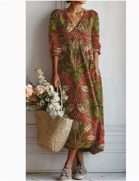 Women's loose V-neck fashion high-end long-sleeved printed collar dress m302766