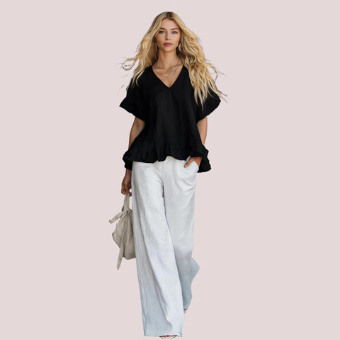 V-neck shirt with ruffle edge Fashion casual short-sleeved top FF303331