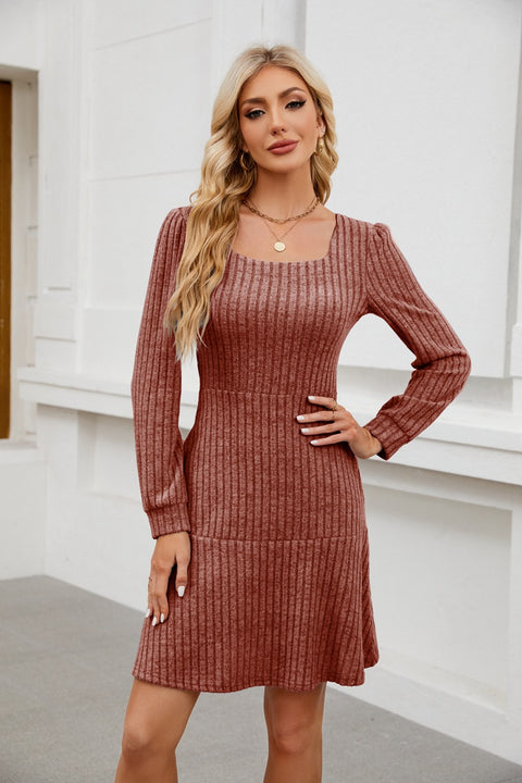 Square neck lantern sleeve doll pocket long sleeve dress m300921