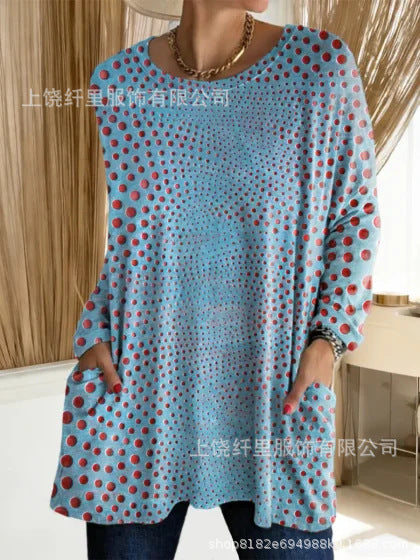 3D printed women's new medium and long pocket round neck pullover fashion T-shirt m303192