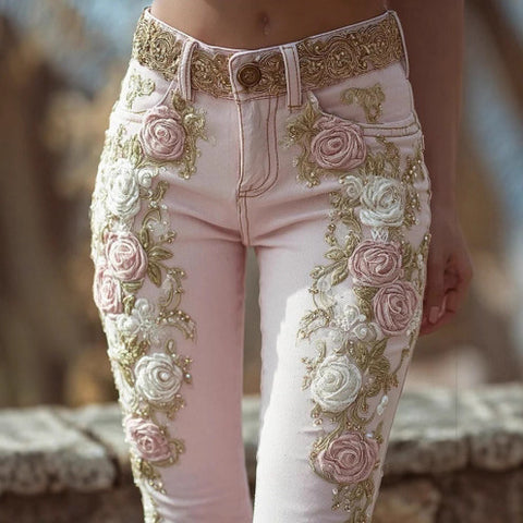 Vintage pink rose embroidery art print jeans elegant temperament m301955