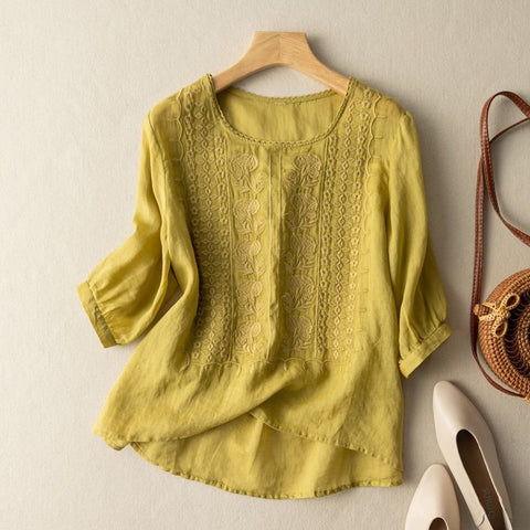 Summer thin embroidered top retro breathable cotton and linen short-sleeved t-shirt m302790