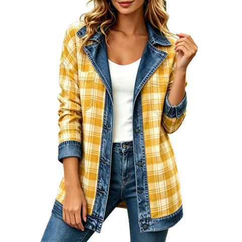 Plaid splicing denim jacket autumn new lapel seven-quarter sleeve jacket women's FF303355