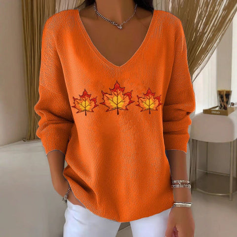 Shoulder V-neck long-sleeved autumn leaf 3D digital printing women's top FF303401