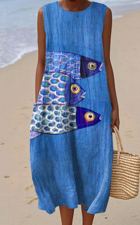Summer sleeveless pocket casual print temperament long dress dress m302454