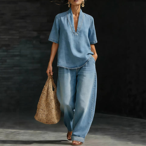 Casual retro denim V-neck short-sleeved trousers set m302511