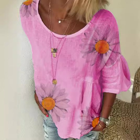 T-shirt col rond manches sept-quarts imprimé chrysanthème pour femme m300893 