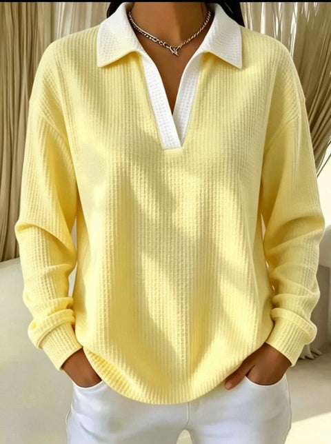 Waffle Contrast Long Sleeve Polo Top Women's m303233