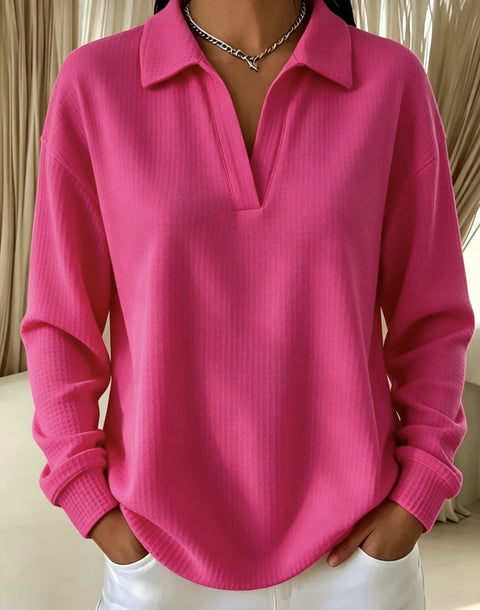 Waffle Lapel Long Sleeve Polo Top m303214