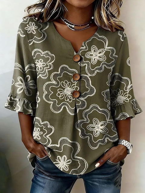 Small V-neck shirt flared sleeve printed button-down shirt m302753