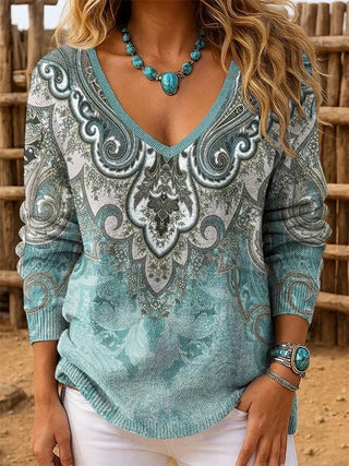 Shoulder V-neck Long Sleeve Pullover 3D Digital Printing Women's Top T-Shirt FF303430 02