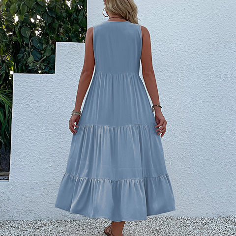 Summer popular sleeveless pleated skirt loose V-neck medium and long dress m300851