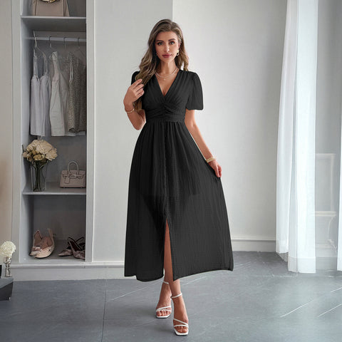Robe longue à manches courtes et décolleté plongeant en V, style vacances, m301395 