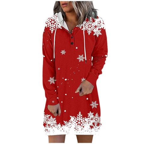 Autumn and Winter Snowflake 3D Printed Button Hooded Sweater Long Women's Top FF303509