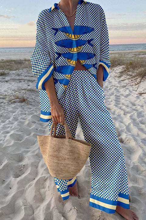 Linglong hemp fish shading casual suit loose sports wide-leg pants marine element casual shirt m303169