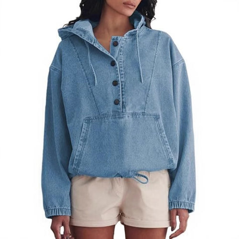 Fashion denim hoodie button-down pullover jacket denim sweatshirt FF303261
