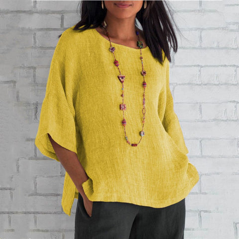 Split sleeved round neck cotton linen shirt top m300053