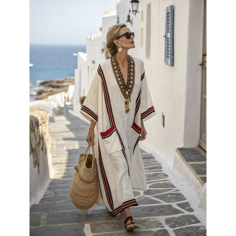 Holiday long striped embroidered dress m302762