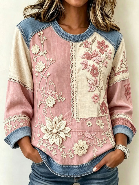 Floral Element Crew Neck Shoulder Splicing Denim Sweater FF303272