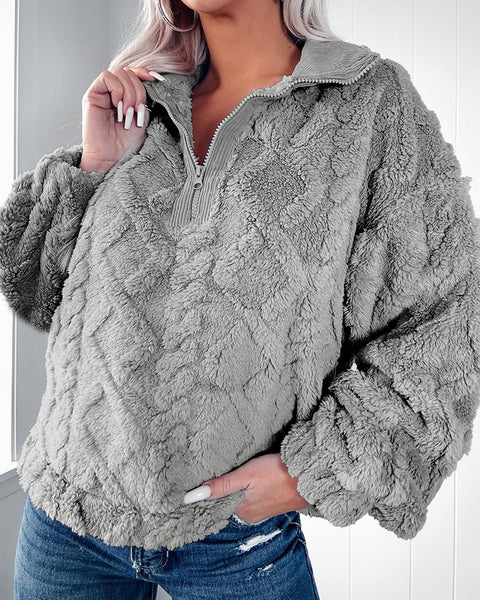 Einfacher, einfarbiger, halblanger Reißverschluss, Stehkragen, lockerer Plüschpullover m300436 