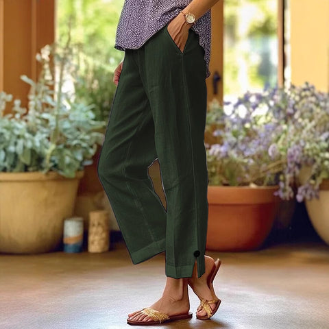 Lose, einfarbige, elastische Taillentasche aus Baumwolle und Leinen für Damen, gerade Freizeithose m301424 