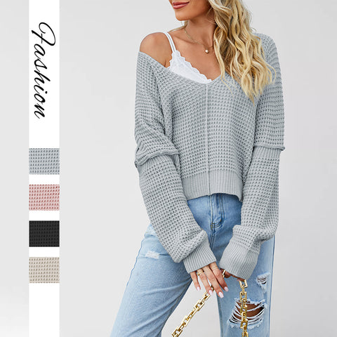 V-neck solid color off-the-shoulder loose hot-selling knitted sweater FF303369