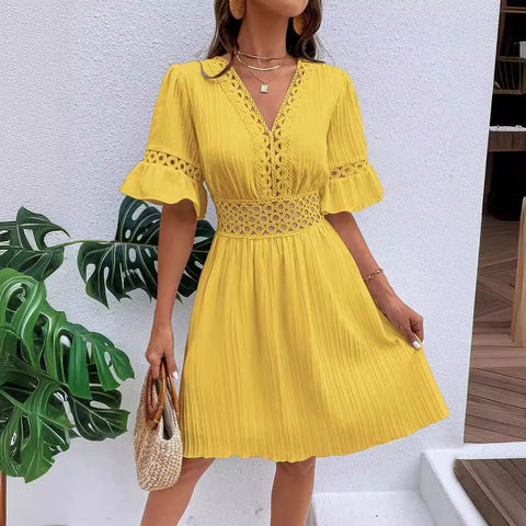 Spleißen spitze mode V-ausschnitt taille einfarbig kleid m300990 