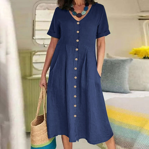 Neues einfarbiges, lockeres Kleid aus Baumwolle und Leinen mit hoher Taille m301192 