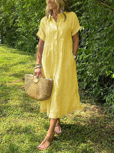 Loose large size striped short-sleeved shirt dress women's summer new casual cotton and linen medium and long skirt m302066