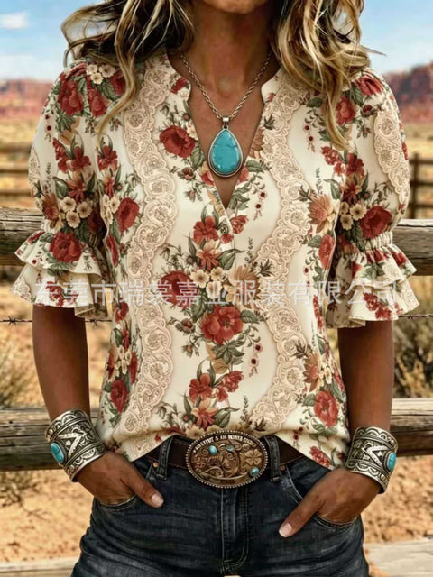 V-neck three-button top digital print horn-sleeved shirt FF303334
