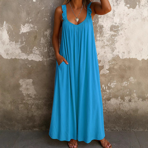 Lässiges, plissiertes, mehrfarbiges Damenkleid mit Hosenträgern und U-Ausschnitt, m301443 