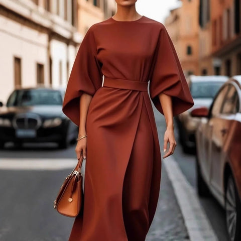 Mode Temperament elegante einfarbige Taille Kleid lässig Fledermaus Ärmel langes Kleid m301326 