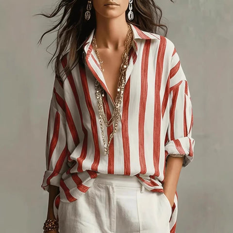 Spring, summer and autumn new women's clothing striped lapel collar loose fashion pullover blouse m302404